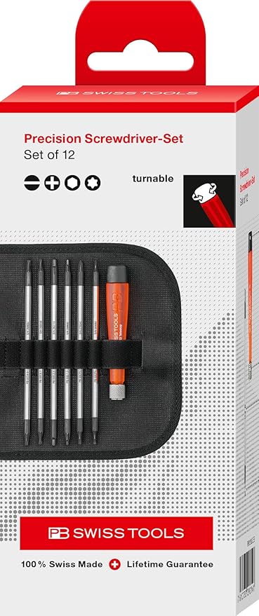 PB Swiss Tools Mini Screwdriver Set PB 513.CBB | 100% Swiss Made | 7-Piece Set with Torx Phillips Slotted Hex Duplex Interchangeable Blades in Leather Rollup Case