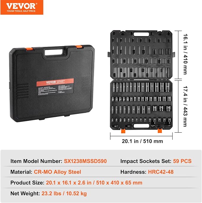 VEVOR Impact Socket Set 3/8" & 1/2" Socket Set 59PCS SAE 5/16" to 1-1/4" and Metric 6-32mm, 6 Point Cr-Mo Alloy Steel for Auto Repair, Easy-to-Read Markings, Rugged Construction, Storage Case