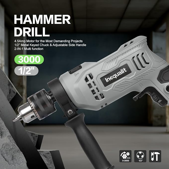 4.5Amp Corded Hammer Drill 3000RPM with 5pcs Bits, 1/2 Inch Keyed Metal Chuck Impact Drill, 360° Rotating Handle and 12 Variable Speed for 2 Functions in 1