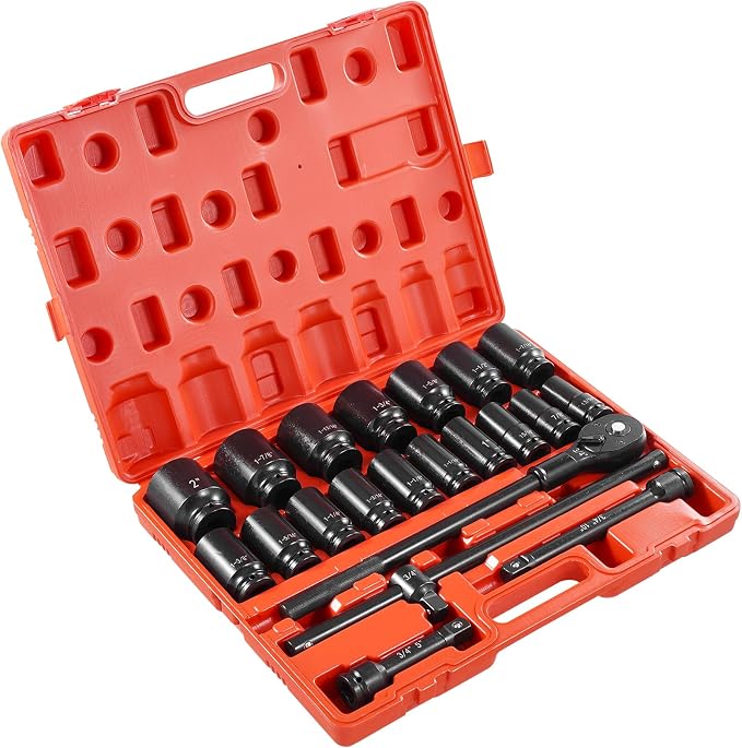 VEVOR Impact Socket Set 3/4 Inches 22 Piece Deep Impact Sockets, 6-Point Sockets, Rugged Construction, CR-V Drive Socket Set Impact SAE 13/16 inch - 2 inch, Includes Carrying Case and Ratchet Handle