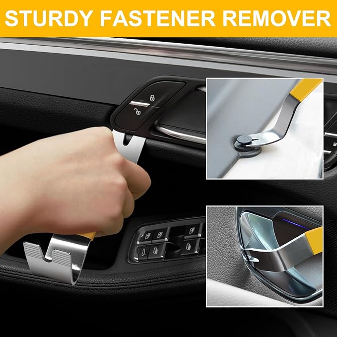 11 PCS AutoTrim Removal Tool Kit, Metal Pry Tool Auto Fastener Remover Pry Bar Set Trim Remover Kits for Vehicle Door Panel, Audio Radio Panel, Dashboard Repair Kit Yellow