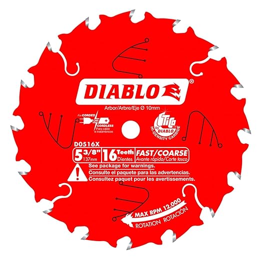 Diablo Fast Framing Trim Saw Blade for Wood - 5-3/8" Diameter, 16 ATB Teeth, 10mm Arbor, .049" Kerf, 18° Hook Angle, .039" Plate, 12000 Max RPM - D0516X