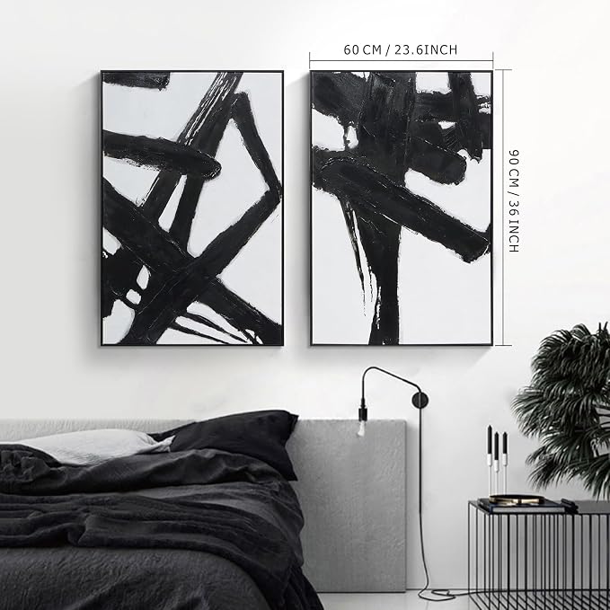 Black and White Abstract Canvas Wall-Art - 2 Piece 24" x 36" Black Canvas Artwork Decor for Living Room, Bedroom, Office Decor, Framed Ready to Hang