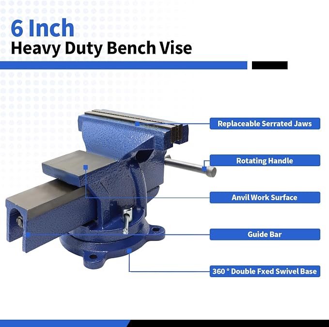 Nakkaa 6 Inch Heavy Duty Cast Iron Bench Vise, 360° Swivel Lock Base