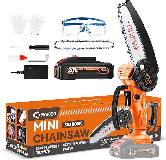 Saker Mini Chainsaw|6 Inch Chainsaws[2026 Upgraded]|Mini Cordless Electric Chain Saw|Small Handheld Portable Chain Saws Battery Powered Saws for Tree Trimmer and Garden,Gifts for Men
