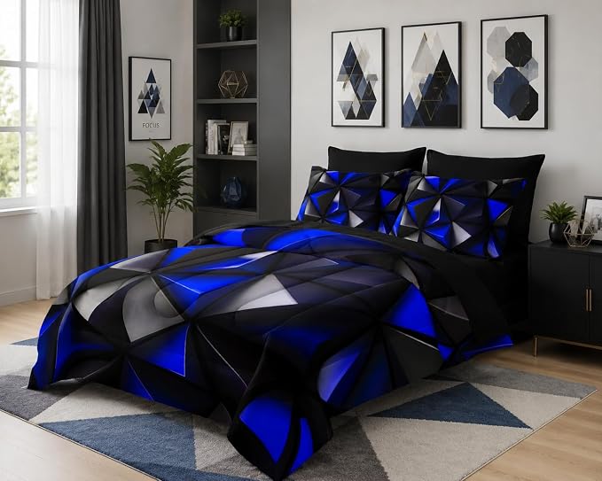 Geometric King Comforter Set,Blue Black Honeycomb Bedding Set 7 Piece with Comforter Fitted Sheet Flat Sheet Pillowcases,Bed Sets Geometry Decor,Microfiber Lightweight All Season.