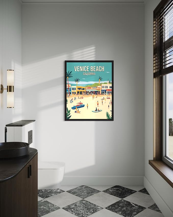 Venice Beach California Wall Art Print Poster, US Vintage Retro Beach Scenery Posters Prints for Restroom Home Picture Painting Artwork Gallery 219 (Venice Beach California, 16 x 20 inches, Black Frame)