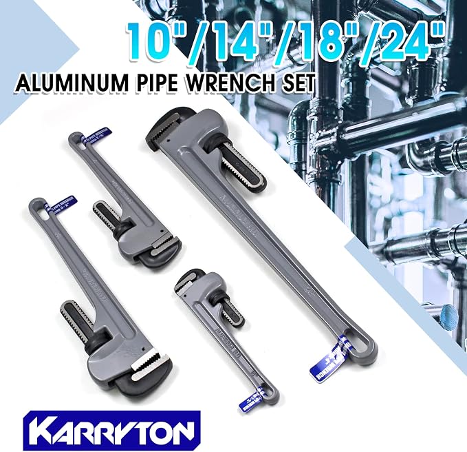 Aluminum Pipe Wrench Set, 10" 14" 18" 24"(4 Pack) Adjustable Straight Handle Plumbing Wrench Set, Heavy Duty Plumbers Tool with Drop Forged Jaw,Exceed the Standard GGG