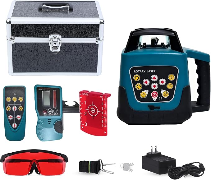 Rotary Laser Level Kit, 360 Degree Automatic Self Leveling Red Beam Horizontal & Vertical Laser Transit, 500m Working Range for Construction & Building - Blue