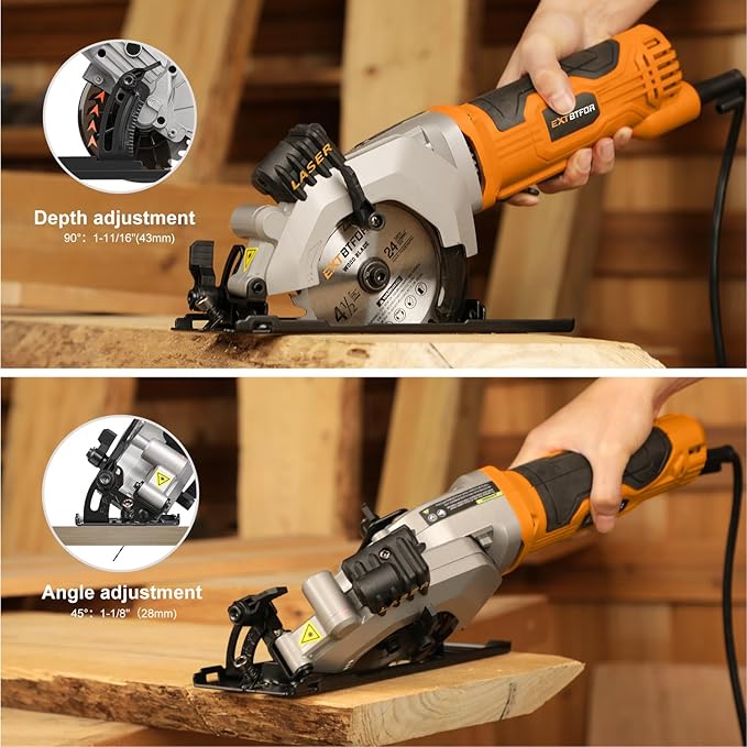 Power Circular Saw,4.8A Mini Circular Saw with Laser Guide,4000RPM Corded Saw Equipped with 3 Pcs 4-1/2" Blades，Maximum Cutting 1-11/16" at 90° and 1-1/8"at 45° for Wood, Soft Metal, Plastic