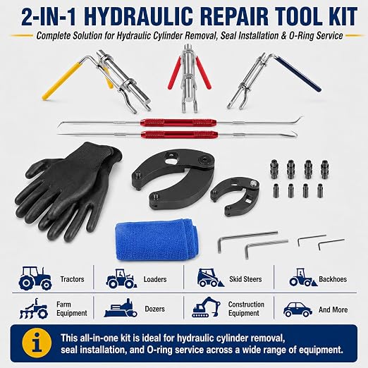 5 Pack Hydraulic Seal Installation Tool Kit & 1266 7463 Adjustable Gland Nut Wrench - Hydraulic Cylinder Spanner Wrench Set & Piston Repair Seal Tools for Most Farm & Construction Equipment