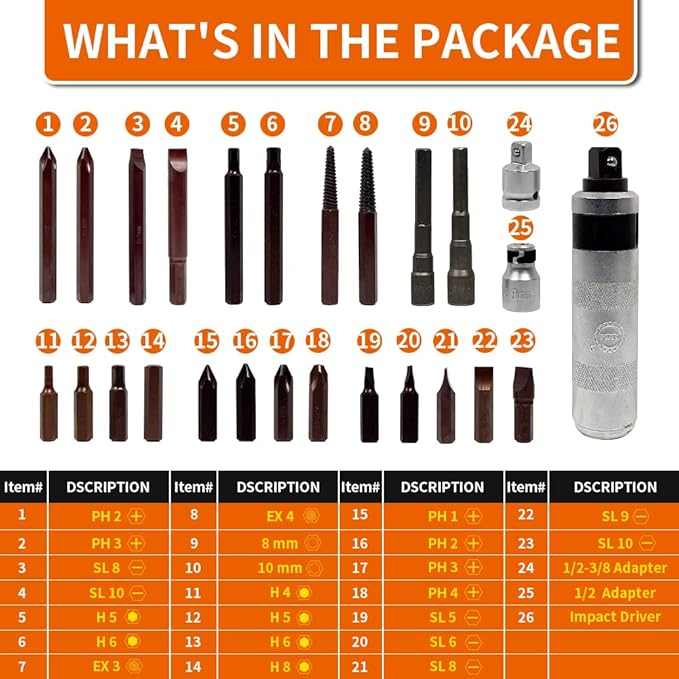 AKM Hand Manual Reversible Impact Driver Set Extractor-26 PCS Impact Screwdriver S2 Steel Hex Phillips Slotted Screwdriver Bits Much More Durable Disengage Rusted Fasteners or Frozen Bolts