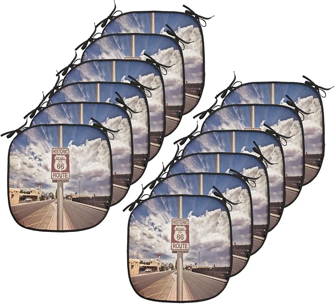 Lunarable Americana Chair Cushion Pads Set 12, Historic New Mexico U.S 66 Route Sign Roadway Driving Roadside Scenery, Anti-Slip Seat Padding for Kitchen & Patio, 16"x16", Multicolor Dust Blue