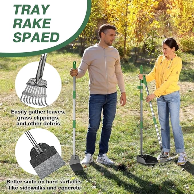 FUSBUNTY Pooper Scooper, Long Handle Dog Pooper Scooper, Heavy Duty Stainless Steel Rake with Tray & Spade Set for Pet Waste Removal, for Grass, Dirt or Gravel - Green