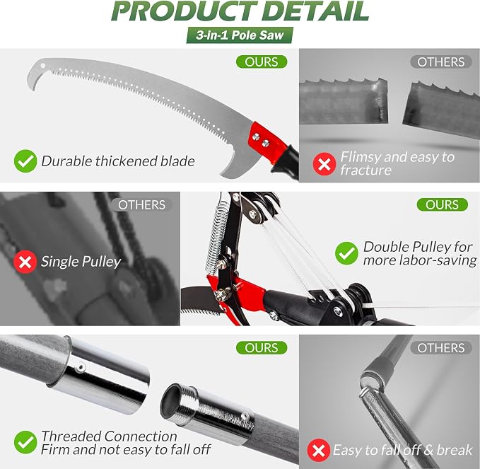 Walensee Pole Saws for Tree Trimming, Extendable Tree Pruner,Manual Branch Timmer with Blade and Scissors High Branches Pruning Fiberglass Pole Pruner and Cutter Garden Tool with Storage Bag 7.2-27FT