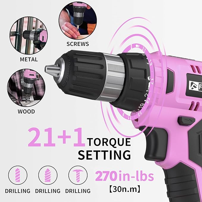 FADAKWALT Cordless Drill Set, 20V Electric Power Drill With Battery And Charger, 30N Torque, 21+1 Settings, 3/8-Inch Keyless Chuck, Driver Bits Kit, LED Light (Pink)