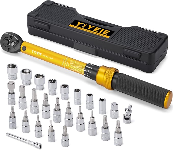 YIYEIE 1/4 Inch Drive Bike Torque Wrench, 1-25 Nm (10-222.5 in.lb) | 27 PCS Click Bicycle Torque Wrench with Bit Sockets, 0.1 Nm Micro, 72-Tooth Ratchet, 3/8 Adapter, for MTB, E-Bike, Motorcycle