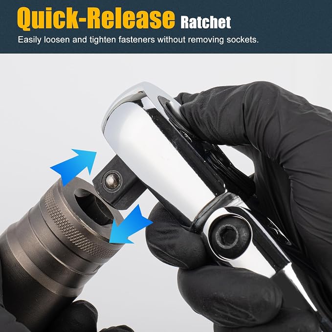 YIYEIE 1/2" Drive Flex Head Ratchet, 72-Tooth Quick-Release, CR-V Steel, Full Chrome, Swivel Head Ratchet Wrench with EVA Foam Tray, for Auto Mechanic & DIYer | 12 Inch Long