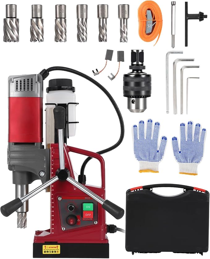 PrecisionAuto 1.57" Magnetic Drill Press – 1550W, 820RPM, 13000N Holding Force, Adjustable Speed & Adapter, Double Dovetail, 6 Coring Bits, Portable Mag Drill Machine for Steel & Metal (Chinese dubbed