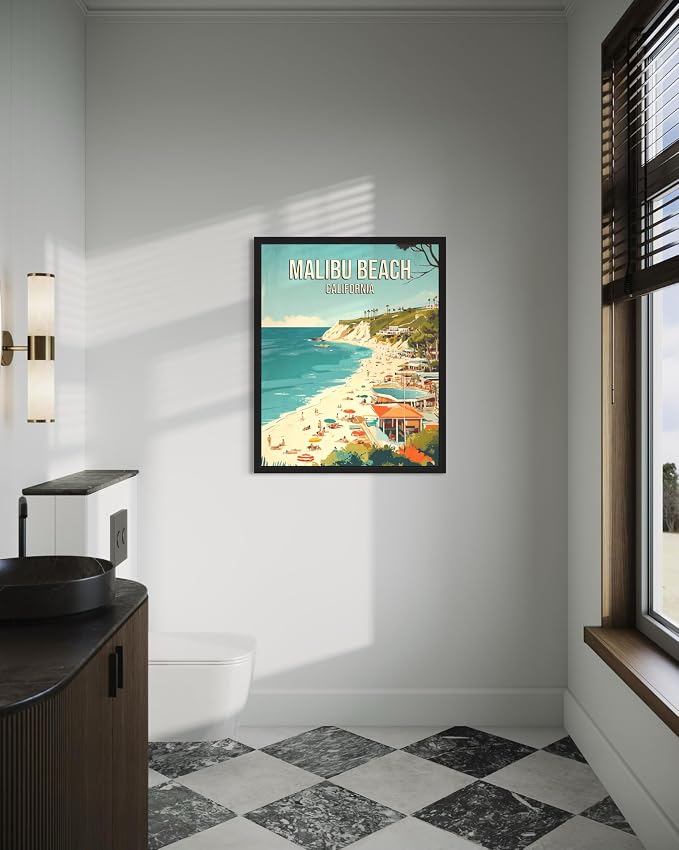 Malibu Beach California Black Framed Wall Art Print Poster, US Vintage Retro Beach Scenery Posters Prints for Restroom Home Picture Painting Artwork Gallery 219 (Malibu Beach California, 14"L x 11"W, Black Frame)