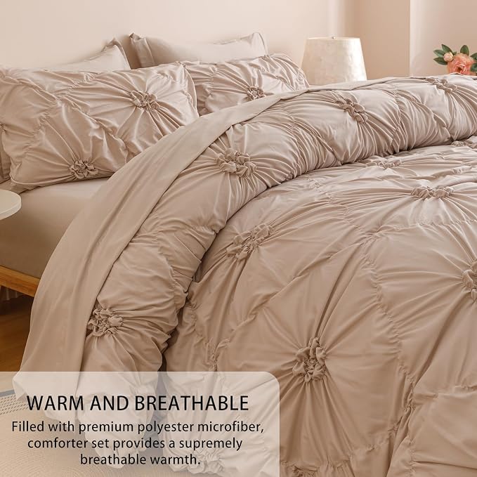 Nttopship Khaki King Comforter Set - 7 Pieces Bed in a Bag, Premium Comforters King Size Bed Set Pintuck Pinch Pleat Complete Comforter Set with Flat Sheet, Fitted Sheet and Pillowcases,Khaki