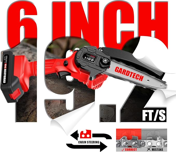GARDTECH Mini Chainsaw 6 Inch, Cordless Portable Electric Chain Saw, Handheld Electric Chainsaws with Upgraded 4 Chains 2 Batteries Good for Olders, DIYer, Gardeners Continuously 2 Hours Work