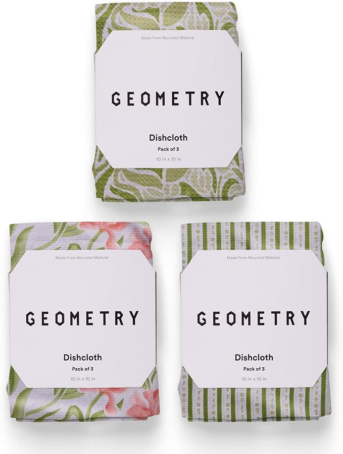 GEOMETRY Kitchen Dish Cloths - Spring & Summer Collection - Premium Dishcloths with Geoweave - Absorbent & Fast Drying Kitchen Towels - Green Goddess, 10" x 10" - 3-Pieces