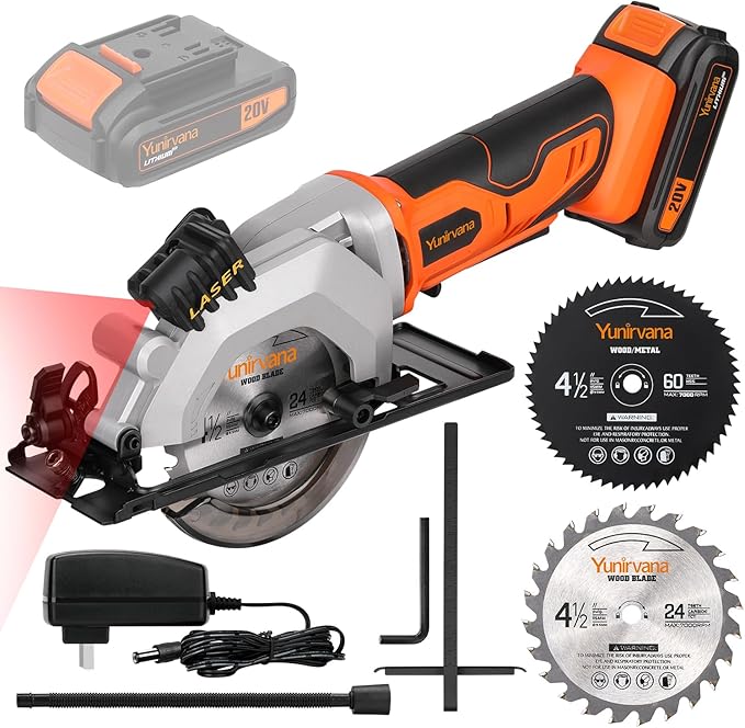 Yunirvana Mini Circular Saw, 20V 3400RPM Professional Cordless Circular Saw, Adjustable Angle and Depth,Max Cutting Depth 1-2/3"(90°), 1-1/8"(45°), Laser Guide, Rip Guide