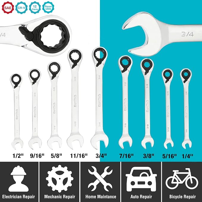 DURATECH Reversible Ratcheting Combination Wrench Set, SAE, 9-Piece | Open end Spanner, 1/2", 9/16",5/8", 11/16", 3/4", 7/16", 3/8", 5/16", 1/4", 12 Point, CR-V Steel, with Rolling Pouch