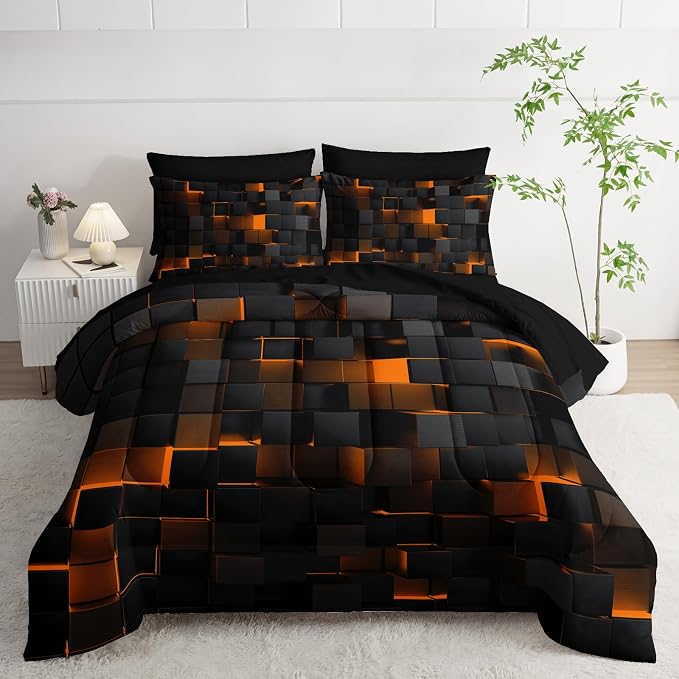 Nttopship Geometric Yellow Black Full Comforter Set,Light Honeycomb Bedding Set 7 Piece in A Bag,Bed Sheet Set Geometry Decor,Microfiber Lightweight All Season