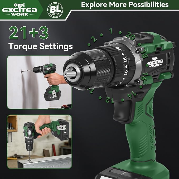 21V Brushless Power Drill Cordless, LAZYLAND 80Nm Electric Impact Drill Set with Dual 3.0Ah Batteries, 2 Variable Speed, 21+3 Torque Setting and LED Work Light for Home Repairing DIY, Green