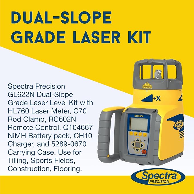 Spectra Precision GL622N Dual-Slope Grade Class II Laser Level Kit with HL760 Laser Meter, C70 Rod Clamp, RC602N Remote Control, 10 Ah NiMH Batteries, Charger for Tiling, Construction, Flooring