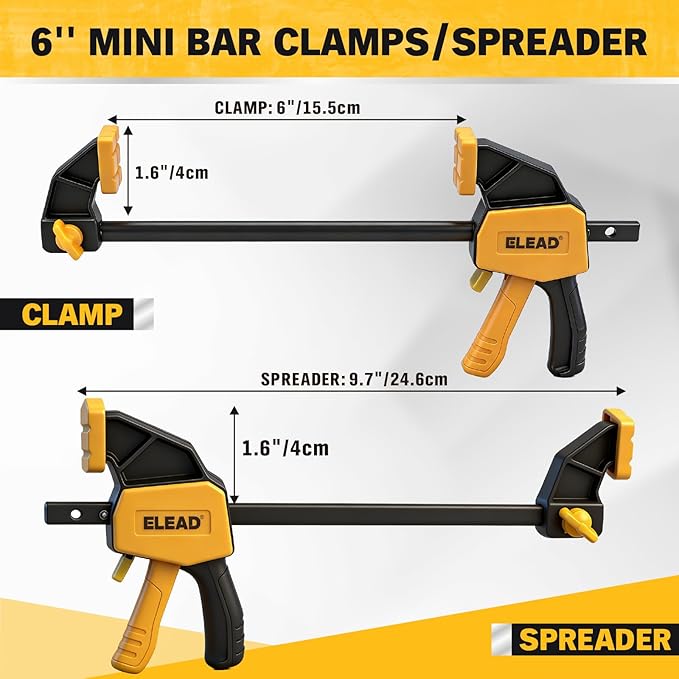 6" Mini Bar Clamps for Woodworking, 2-Piece One-Handed F Clamp/Spreader, 75LBS Load Limit Wood Clamp, Quick Release Grip Clamps for Table Wood Working, Light-duty Tools