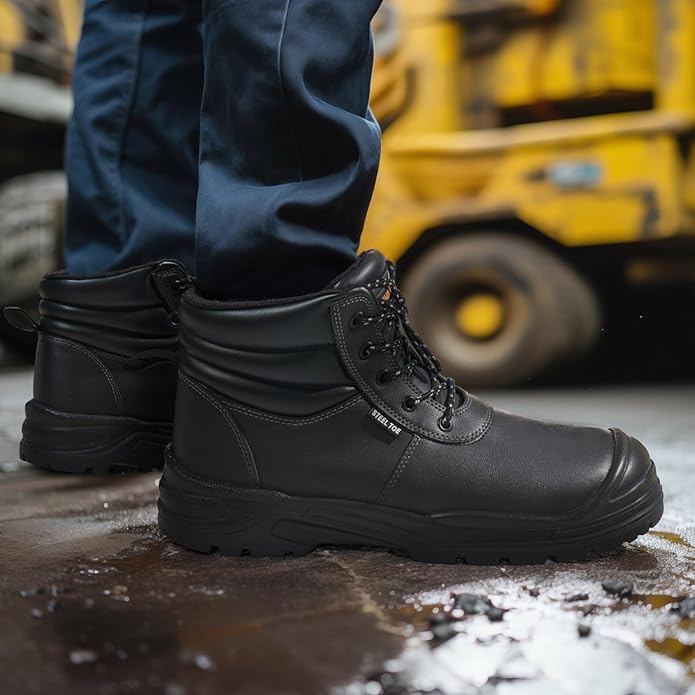 NINGO Steel Toe Work Boots for Men, Non Slip & Puncture Resistant Construction Boots with Breathable Lining, EH Protection, Comfortable Mens Safety Leather Work Shoes for Industrial, Walking Warehouse