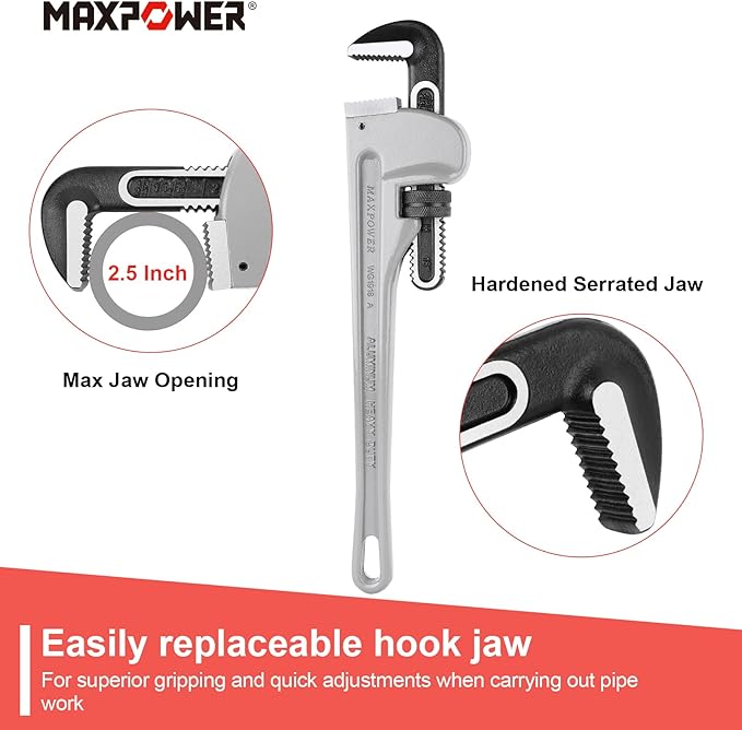 MAXPOWER 18-inch Pipe Wrench, 2.5 inch Jaw Opening Capacity | Heavy Duty Aluminum Plumbing Wrench