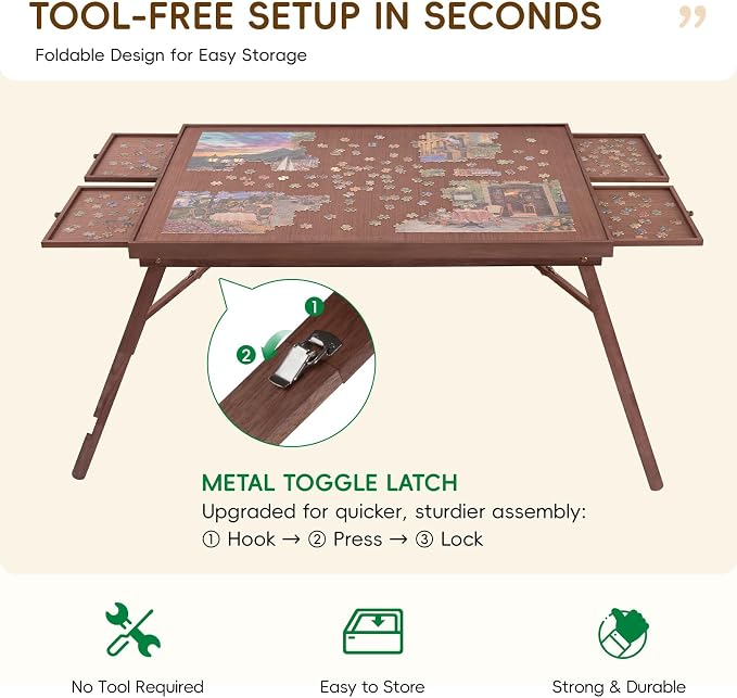 TEAKMAMA 27.6" H 1500Pcs Puzzle Table with Legs,4 Drawers for Adults,Brown | 34.3" W x 26.5" D Wood Folding Jigsaw Puzzle Board with Protective Cover