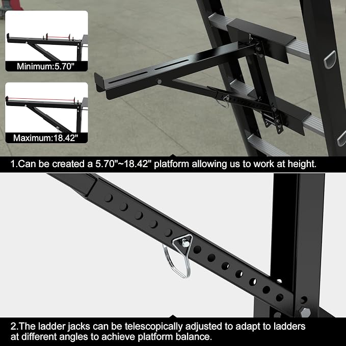 New Upgraded Adjustable Ladder Jacks 2 Pack for Scaffolding Platform, Two-Rung Short Body Extension Ladder Jack Scaffold Bracket, Black Ladder Platform Accessories, Ladder Jack Part for Working Stage