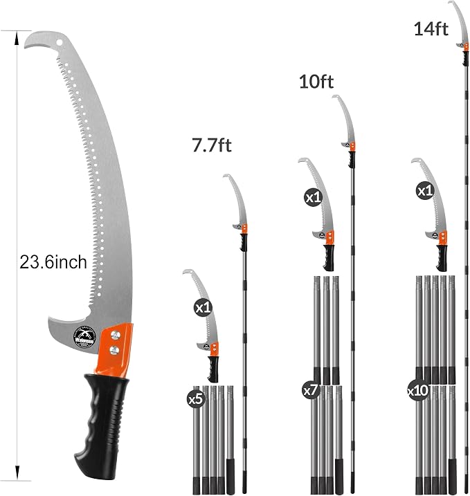 14FT Pole Saw for Tree Trimming 2-in-1 Hand Saw Steel Blade Extension Pole | Triple Ground Tooth Design Dual Hook Blade For Clean Cuts Manganese Steel Rust Resistant Tree Pruner For Tall Branches
