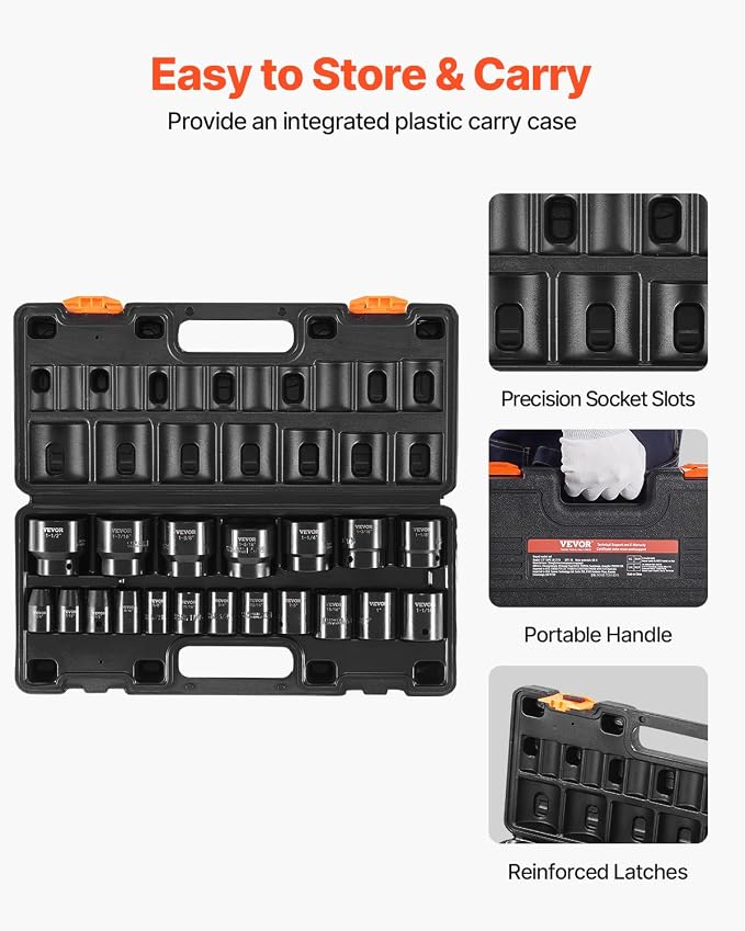VEVOR Impact Drive Socket Set 1/2 Inches 19 Piece Impact Sockets SAE, Standard Socket Assortment, (3/8 Inches to 1-1/2 Inches) 6-point Hex Sockets