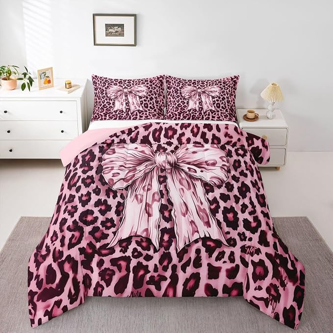 Feelyou Leopard Print Comforter Set Queen Size Cute Pink Bow Bedding Set for Kids Boys Girls Cheetah Animal Fur Duvet Quilt Bedroom Decor Microfiber 3 Pcs with 2 Pillow Cases