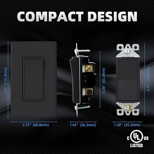 ELEGRP Matte Black 3 Way Decorative Light Switch with Plate, 15Amp, 120-277 Volt, AC Rocker Paddle Wall Switch Replacement, Self-Grounding, Residential Grade, w/Wall Plate, UL Listed (5 Pack)
