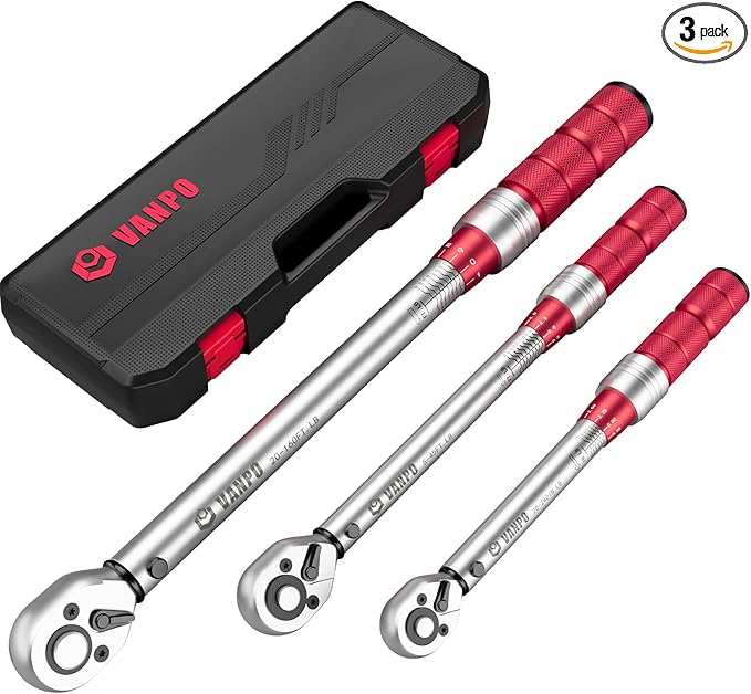 VANPO 3-Piece Click Torque Wrench Set 1/4", 3/8", 1/2" Drive – 20-240 in-lb, 5-45 ft-lb, 20-160 ft-lb, ±3% Accuracy, Dual Direction 72-Tooth Ratchet for Bike, Motorcycle, Car & Automotive Use