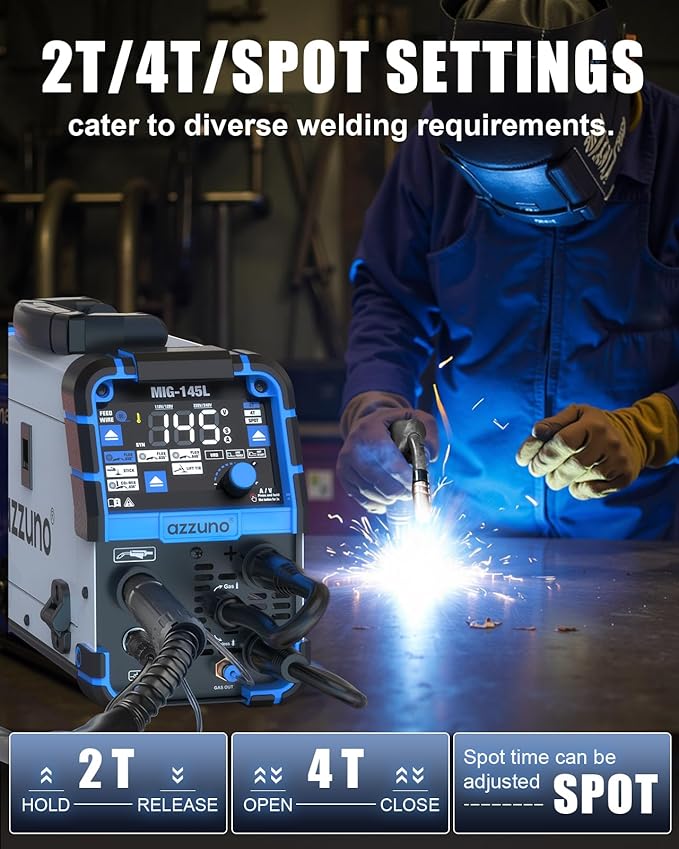 AZZUNO 145A MIG Welder with Welding Helmet, 110V/220V Dual Voltage 4 in 1 Gas/Gasless Flux Core MIG Welder/Lift TIG/Stick Welding Machine, Wire Feed Welder with Synergic Control