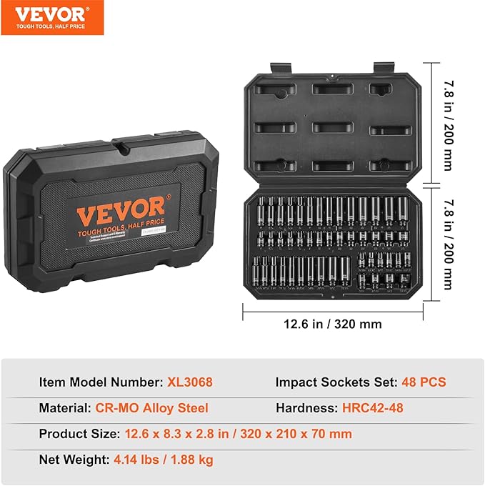 VEVOR Drive Impact Socket Set 1/4" - 48 Piece Deep & Shallow Socket Set SAE 3/16"-9/16" and Metric 4-15mm - 6 Point Cr-Mo Alloy Steel for Auto Repair - Easy-to-Read Size Markings Storage Case