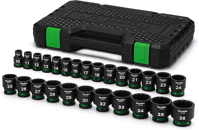 TecoTek 26 Pieces 1/2-Inch Drive Shallow 12-Point Metric Impact Socket Set, CR-MO, 10mm to 36mm, Stamped and Ink Filled Size Marking, Heavy Duty Storage Case