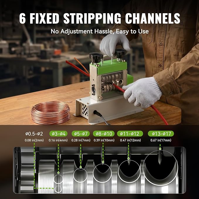 Electric Wire Stripping Machine, 0.06''-0.67'' Automatic Wire Stripper Machine with 6 Channels 5 Blades, Electric Cable Stripper Machine with 35 W All-Copper Motor for Leftover Cable Recycle
