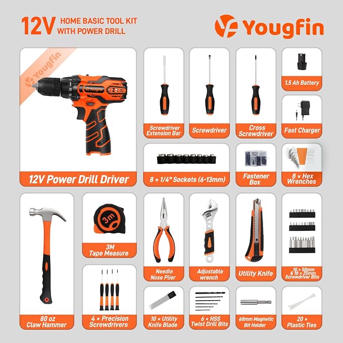 12V Cordless Drill Set, Home Tool Set with Cordless Drill for Men, Power Drill Box with 195 Pieces Household Hand Tools for Office (with 2.0Ah Battery & Charger)