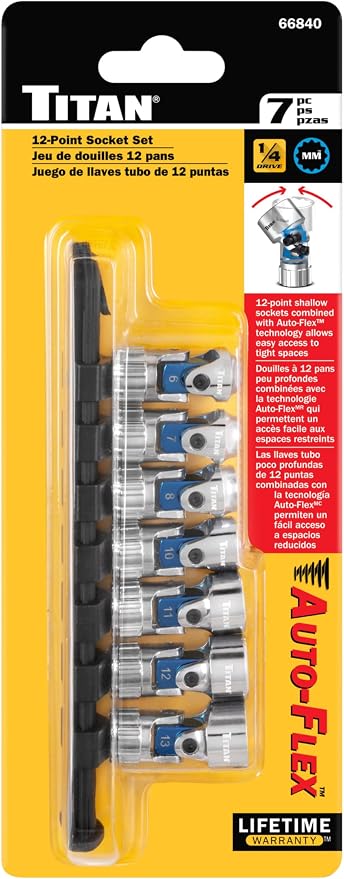 Titan 66840 7-Piece 1/4-Inch Drive Metric Auto Flex Universal Socket Set, 12-Point, 6mm to 13mm