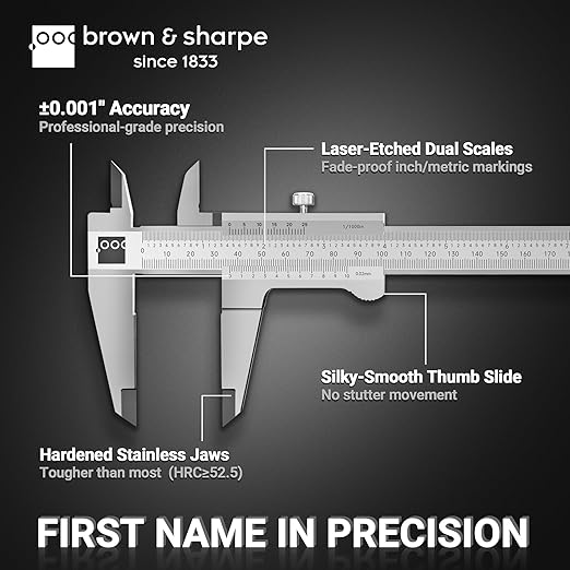 Brown & Sharpe 12-Inch Vernier Caliper, Precision Measuring Tool with 0.001 Inch Resolution, Hardened Stainless Steel, Smooth Sliding Frame, Locking Screw for Measurements