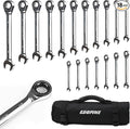 Egofine Ratcheting Wrench Set, 6 mm - 24 mm Metric Wrench Set 18pc, 72 Teeth Combination Wrenches Set, Chrome Vanadium Steel with a Roll Up Storage Bag